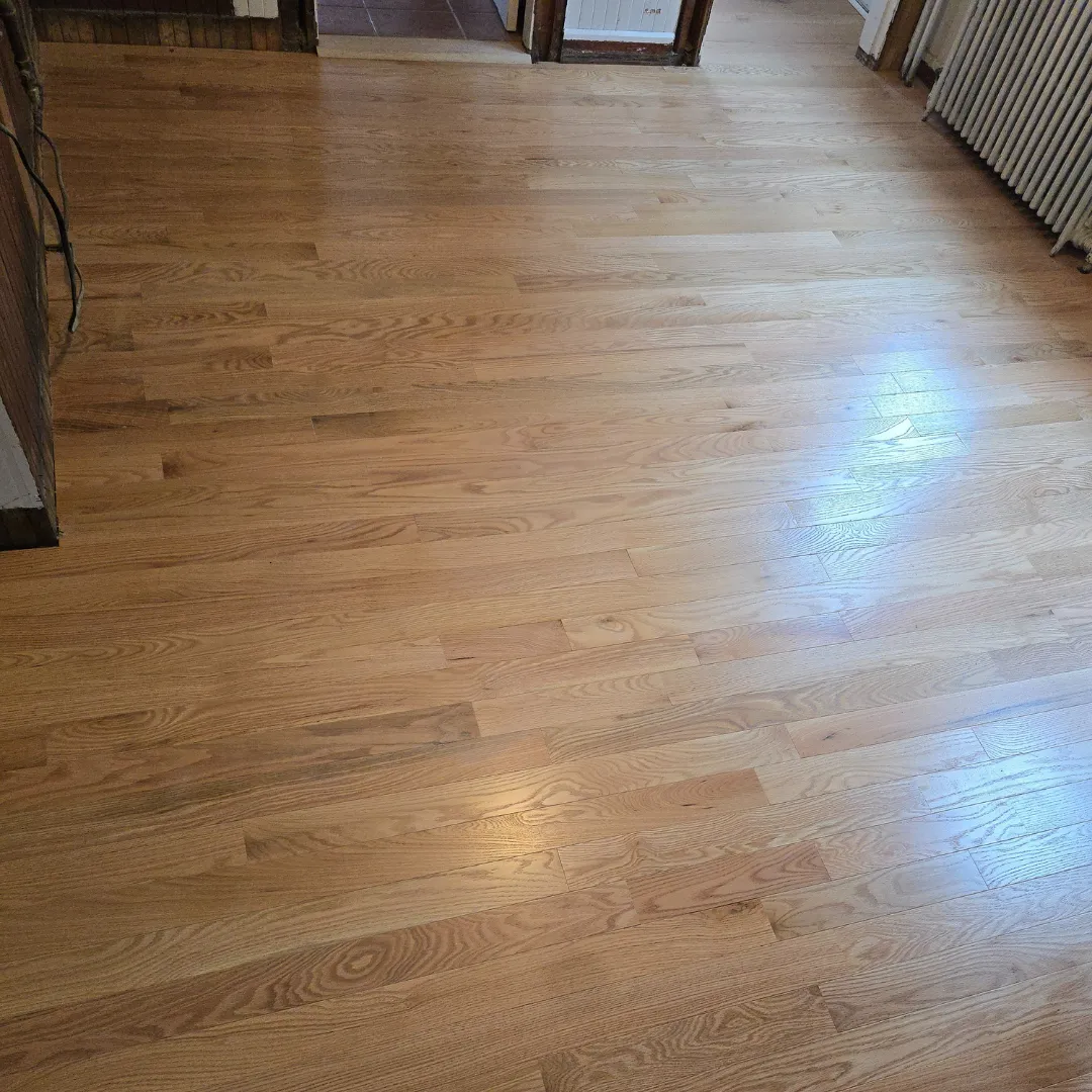 Refinished red oak hardwood flooring in dining area by Link Services Pro in Auburn, MA