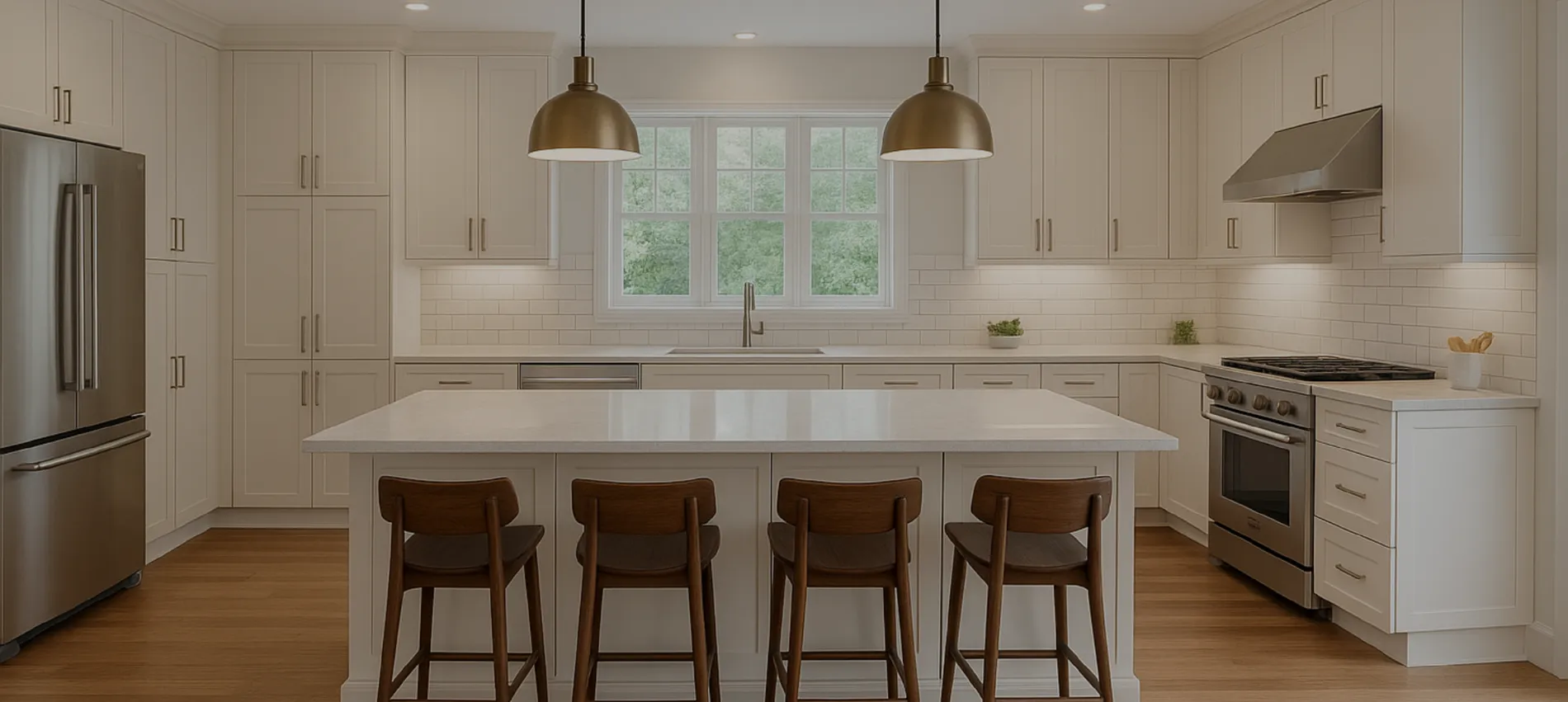 Modern white kitchen with quartz island, brass pendants and subway backsplash by Link Services Pro in Worcester, MA